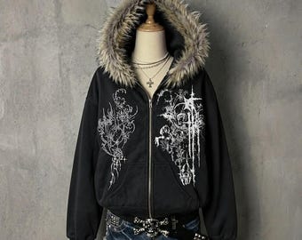 Y2K Cyber Goth hoodie met rits van imitatiebont | Gotische grafische oversized sweater | Grunge alternatieve streetwear hoodie | Emo punk Harajuku stijl