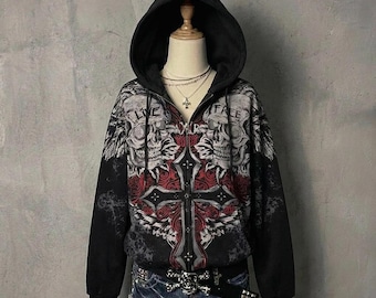 Y2K Skull & Cross Graphic Zip-Up Hoodie | Grunge Streetwear Jacket | Gothic “Live Free” Alternative Fashion | Unisex Oversized Hoodie