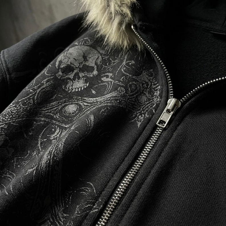 Y2K Bont Capuchon Jas Zwart Ritssluiting Hoodie Gothic Grunge Jas Winter Streetwear Harajuku Esthetiek Oversized Faux Bont Capuchon Jas afbeelding 2