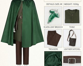Middle-earth Ranger Costume - Complete Hobbit & Elf Inspired Set | Forest Green Cloak with Leaf Brooch, Tunic, Pants Satchel