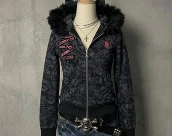 Mad Punks Japanese Harajuku Hoodie - Cat Ear Hood with Faux Fur - Cyber Y2K Grunge Skull Print Zip Up - Alternative Punk Rock Visual Kei