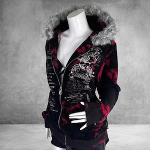 Y2K Grunge Gothic Hoodie Fur Hood Black Red Zip Up Jacket Alt Streetwear Aesthetic Emo Cyber Vintage Style Women Hoodie