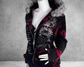 Y2K Grunge Gothic Hoodie met bontkraag, zwart en rood, met ritssluiting, alternatieve streetwear, esthetiek, emo, cyber, vintage stijl, dameshoodie