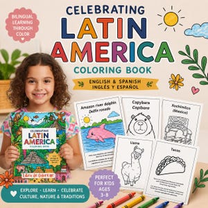 May include: A young girl holds a "Celebrating Latin America Coloring Book" with English and Spanish text. The book features illustrations of a pink dolphin, capybara, llama, tacos, and Xochimilco. Colored pencils are at the bottom.