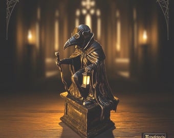 Gothic Plague Doctor Statue, Dark Fantasy Figurine with Lantern, Creepy Desk Ornament