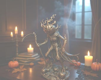 3D Printed Pumpkin Reaper Statue, Halloween Jack O Lantern Figure, Gothic Harvest Decor