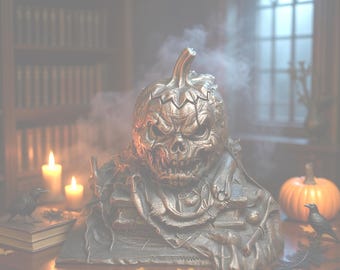 Pumpkin Skull Bust, Gothic Halloween, Haunted Jack O Lantern Statue, Horror Shelf Decor