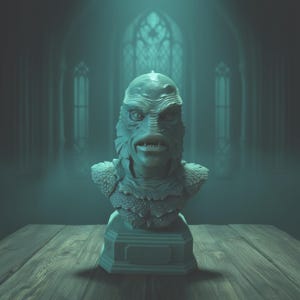 May include: A teal bust of the Creature from the Black Lagoon, with detailed scales and facial features. The bust sits on a pedestal with a rectangular base. The background features a blurred, gothic-style interior.