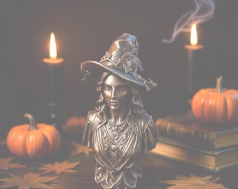 Bronze Witch Statue, Gothic Witchcore Halloween Decor, Moon Priestess Figurine, Dark Cottagecore