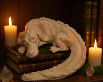 Sleeping Dragon Wolf Figurine, 3D Printed Fantasy Sculpture, Mythical Creature Home Décor