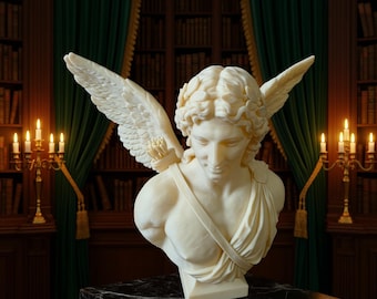 Eros Bust, Greek Mythology Statue, Winged God of Love Sculpture, Classical Roman Bust