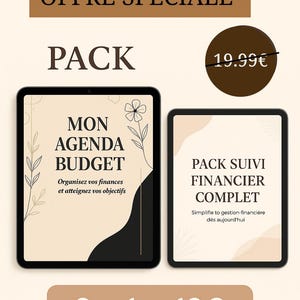 Peut inclure: Publicité pour un pack de planification financière. L'image présente deux tablettes numériques avec du texte en français, dont "MON AGENDA BUDGET" et "PACK SUIVI FINANCIER COMPLET". L'offre est étiquetée "OFFRE SPÉCIALE" avec un prix de 12€.