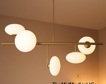 Modern Brass Globe Chandelier | Mid Century Pendant Lighting