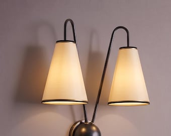 Aplique de pared de doble pantalla ennegrecido - Lámpara de pared con pantalla de tela Aplique de pared de latón - Lámpara de pared de estilo rústico moderno Iluminación rural