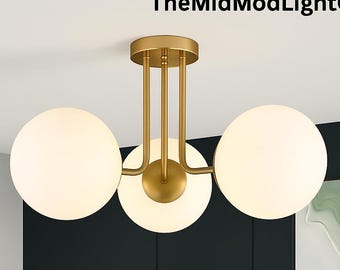Mid-Century Brass Globe Ceiling Light – 3-Light Flush Mount Chandelier