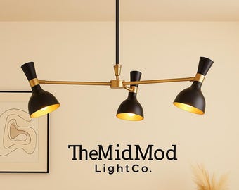Mid-Century Modern 3-Light Chandelier | Black & Gold Adjustable Ceiling Lamp