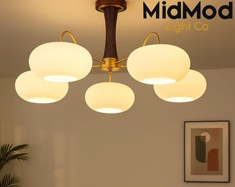 Mid-Century Modern 5-Light Chandelier | Frosted Glass Globe & Brass