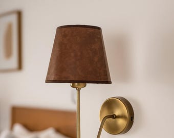 Mid-Century Modern Brass Wall Sconce | Brown Suede Shade