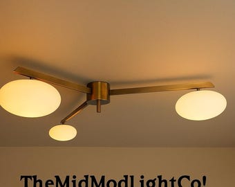 Mid-Century Modern Brass 3-Globe Flush Mount Ceiling Light