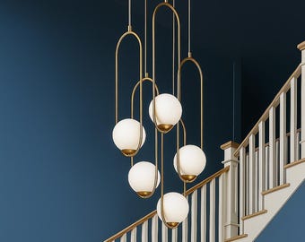 Gold Multi-Pendant Staircase Chandelier | Frosted Globe Light