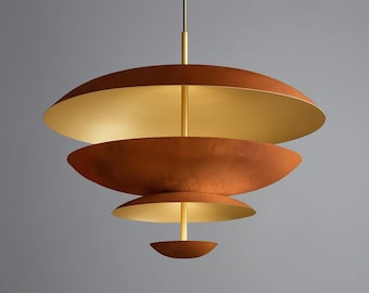 Lámpara colgante moderna de disco en capas / Lámpara de techo escandinava / Lámpara colgante de latón y terracota de mediados de siglo / Iluminación de lujo para el hogar