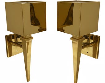 Vintage Pair of Polished Brass Torch Sconces - Mid Century Modern Cube Wall Lights