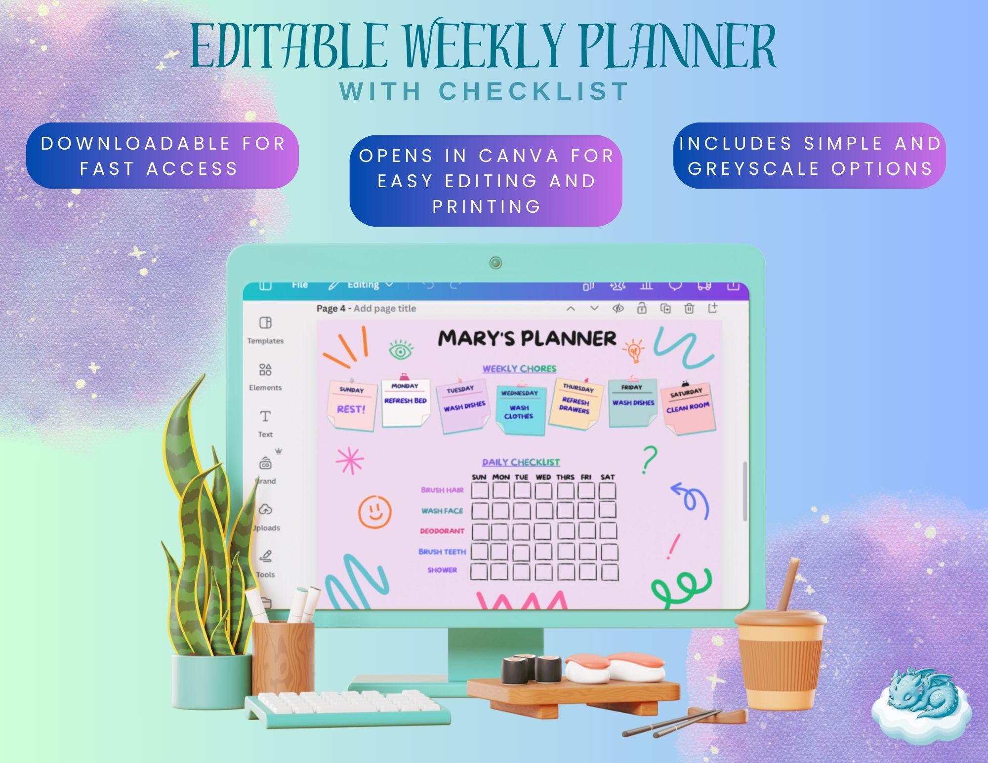 Editable Weekly Planner Template - Etsy Canada