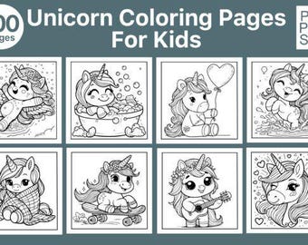 Puede incluir: Una colección de 100 páginas para colorear de unicornios para niños. Las páginas presentan varias ilustraciones de unicornios, incluyendo unicornios con alas, en una bañera, sosteniendo un globo con forma de corazón y tocando la guitarra. Las imágenes son dibujos lineales en blanco y negro.