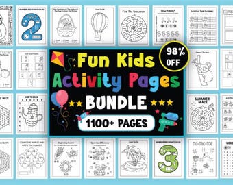 Peut inclure: Un ensemble de pages d'activités imprimables pour enfants, comprenant des labyrinthes, des pages à colorier et des exercices de reconnaissance des chiffres. Le lot comprend plus de 1100 pages avec une variété de thèmes, dont l'hiver, l'été et l'Action de grâce. Le titre "Fun Kids Activity Pages Bundle" est affiché.