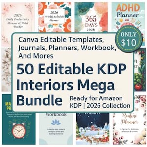 Op de afbeelding: Een bundel van 50 bewerkbare KDP-interieurs, waaronder planners, journals en werkboeken. De afbeelding toont verschillende covers met bloemmotieven en tekst, waaronder "2026". De bundel is klaar voor Amazon KDP.