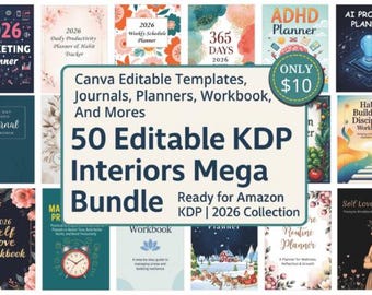 KDP Interior Mega Bundle | 50+ Editable Canva Templates | Planners Journals Workbooks | Ready-to-Publish KDP