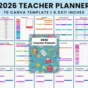 Op de afbeelding: Een 2026 Teacher Planner met 70 Canva-sjablonen, 21,59 x 27,94 cm. De planner bevat agenda's, lesplannen, studenteninformatie en meer. De omslag heeft een kleurrijk ontwerp met schoolgerelateerde illustraties.