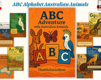 May include: An educational poster set titled "ABC Adventure with Australian Animals." The orange poster features a kangaroo, butterfly, and cockatoo with ABC blocks. Smaller cards display various Australian animals like the Bilby, Cockatoo, and Dingo.