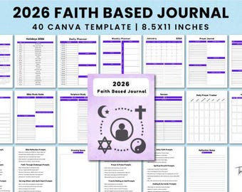 May include: A digital journal template for 2026, designed for faith-based use. The journal includes 40 Canva templates, with pages for daily planning, prayer, and Bible study. The cover features the text "2026 Faith Based Journal" and religious symbols.