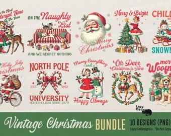 Puede incluir: Un conjunto de diez diseños navideños vintage en PNG. Las ilustraciones presentan a Papá Noel, renos, muñecos de nieve, gatos y texto festivo como "Merry Christmas" y "North Pole". La paleta de colores incluye rojo, verde y blanco.