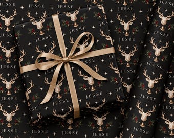 Personalized Christmas Wrapping Paper with Reindeer, Custom Name Gift Wrap, Black Holiday Paper
