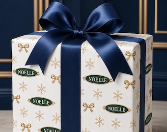 Personalized Christmas Wrapping Paper with Name, Gold Bows & Snowflakes | Holiday Gift Wrap Roll, Customize Christmas Wrapping Paper