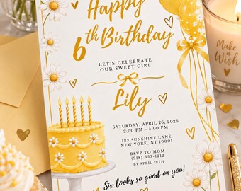 Invito di compleanno modificabile con margherite gialle per il 6° compleanno / Invito per festa di compleanno per bambina / Modello di compleanno floreale con motivo solare / Invito Canva BGI17