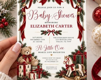 Modello di invito per baby shower natalizio, invito per baby shower invernale, baby shower natalizio con fiocco rosso e decorazioni sempreverdi, invito modificabile su Canva, BSI1