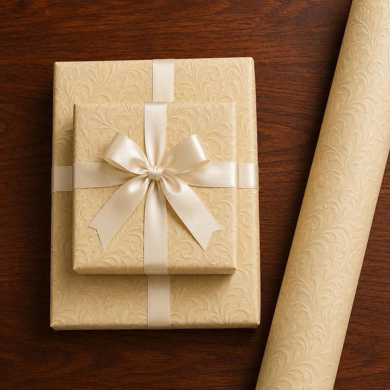 May include: Two rectangular gift boxes wrapped in light beige paper with a subtle embossed swirling floral pattern. The smaller top box is tied with a smooth cream-colored satin ribbon featuring a centered bow. A matching roll of wrapping paper sits nearby.