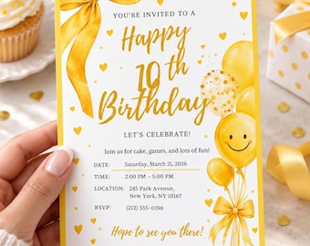 Invito di compleanno giallo per il decimo compleanno / Invito di compleanno per bambina / Invito per festa di compleanno modificabile su Canva / Download digitale BGI11