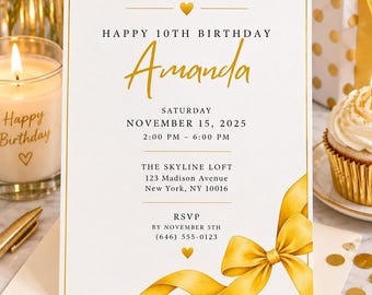 Invito di compleanno modificabile con margherite gialle per il decimo compleanno, invito di compleanno per bambina, modello per festa di compleanno floreale e solare, invito Canva BGI13
