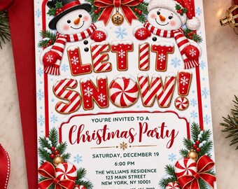 Zaproszenie na imprezę świąteczną „Let It Snow”, zaproszenie na imprezę świąteczną z bałwanem, zaproszenie na imprezę świąteczną z laską cukrową, edytowalny szablon imprezy świątecznej CI11