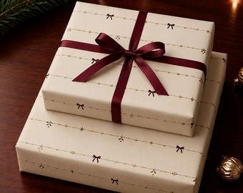 Burgundy Bow & Gold Garland Wrapping Paper | Gift Wrap Roll, Neutral Cream Pattern