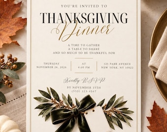 Modello di invito per la cena del Ringraziamento, elegante invito per il Ringraziamento, invito modificabile per la festa autunnale con gli amici (modello Canva TI1)
