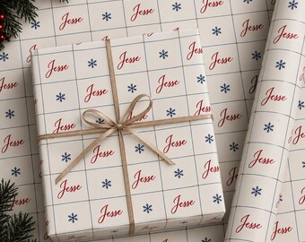 Personalized Christmas Wrapping Paper with Name, Custom Holiday Gift Wrap, Red and Navy Snowflake Christmas Paper