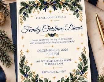 Editable Family Christmas Dinner Invitation Template | Navy Blue & Gold Holiday Invite | Elegant Christmas Party Invitation | Canva CI4