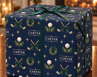 Personalized Golf Christmas Wrapping Paper, Custom Name Gift Wrap for Golfer, Navy Holiday Paper, Golf Lover Christmas Gift