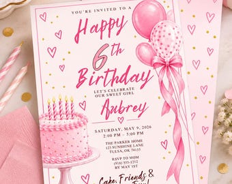 Invito di compleanno rosa per il sesto compleanno, invito per festa di compleanno per bambina, invito di compleanno con palloncini rosa, invito modificabile su Canva, 5x7 BGI18