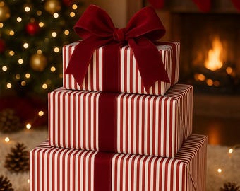 Burgundy and White Striped Wrapping Paper | Candy Cane Stripe Gift Wrap